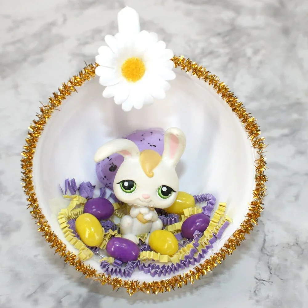 HAND CRAFTED Bunny White Cup Spring Decor Ornament Upcycled Cup Purple Easter